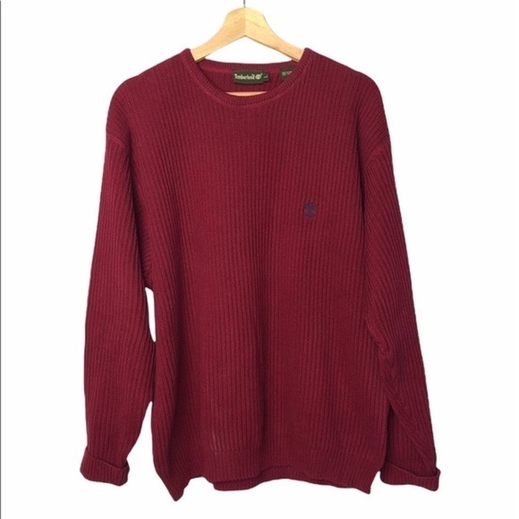Timberland Vintage 90s 1997 Dark Red Ribbed Crewneck Logo Pullover Sweater L - Picture 1 of 12